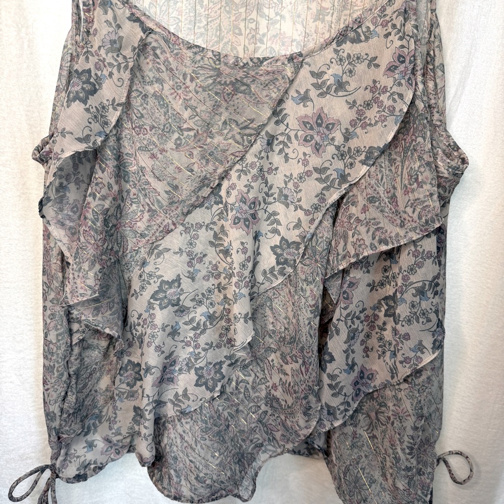 Lucky Brand Gray Tan Asymmetrical Ruffled Blouse